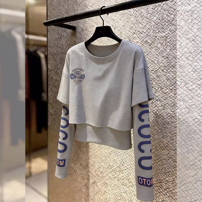 Dpp ผู้หญิงเสื้อยืดอเมริกันพิมพ์รอบคอสีเทาปลอมสองชิ้นเสื้อยืดแฟชั่นแฟชั่น Slimmer ดูตัวอักษรเสื้อแขน