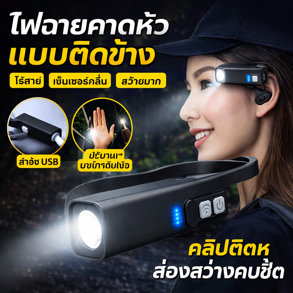 โดร์ไฟฉายคาดหัวแบบหนีบหู กันน้ำ IPX4 พกพาสะดวก น้ำหนักเบา เหมาะสำหรับการเดินป่า