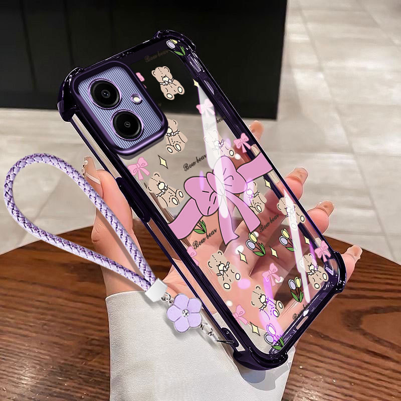 VRQR สําหรับ Samsung Galaxy A07 A06 4G 5G A05S A05 A04E A04 A03 Core A03S A02S ขนาดเล็กสดโบว์โปร่งใส Anti Drop เคสโทรศัพท์เชือกดอกไม้