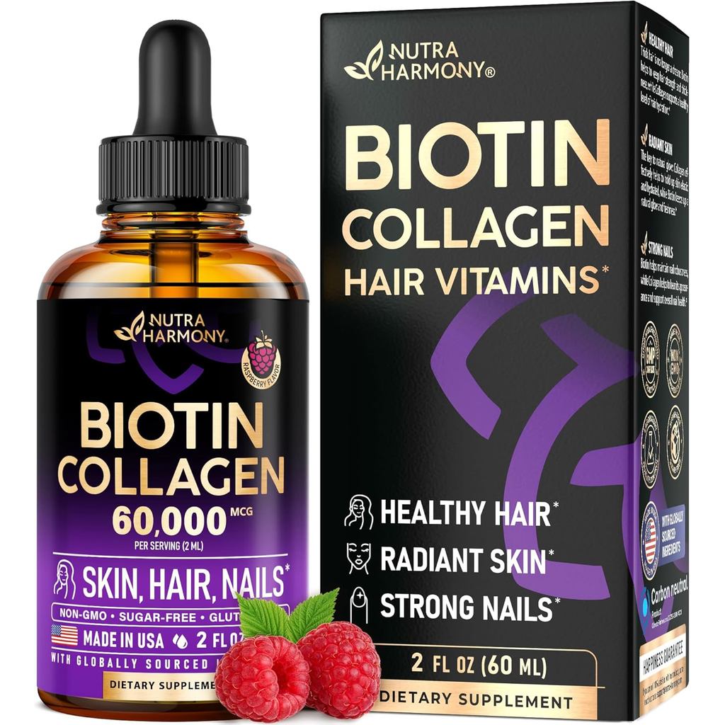 Liquid Biotin & Collagen 60,000 mcg - วิตามินสําหรับการเจริญเติบโตของเส้นผม - หยดความแข็งแรงเป็นพิเศ