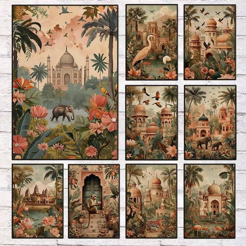 Tropical Jungle สัตว์อินเดีย Palace โปสเตอร์ท่องเที่ยว Vintage Exotic Elephant Tiger Monkey ผ้าใบภาพ