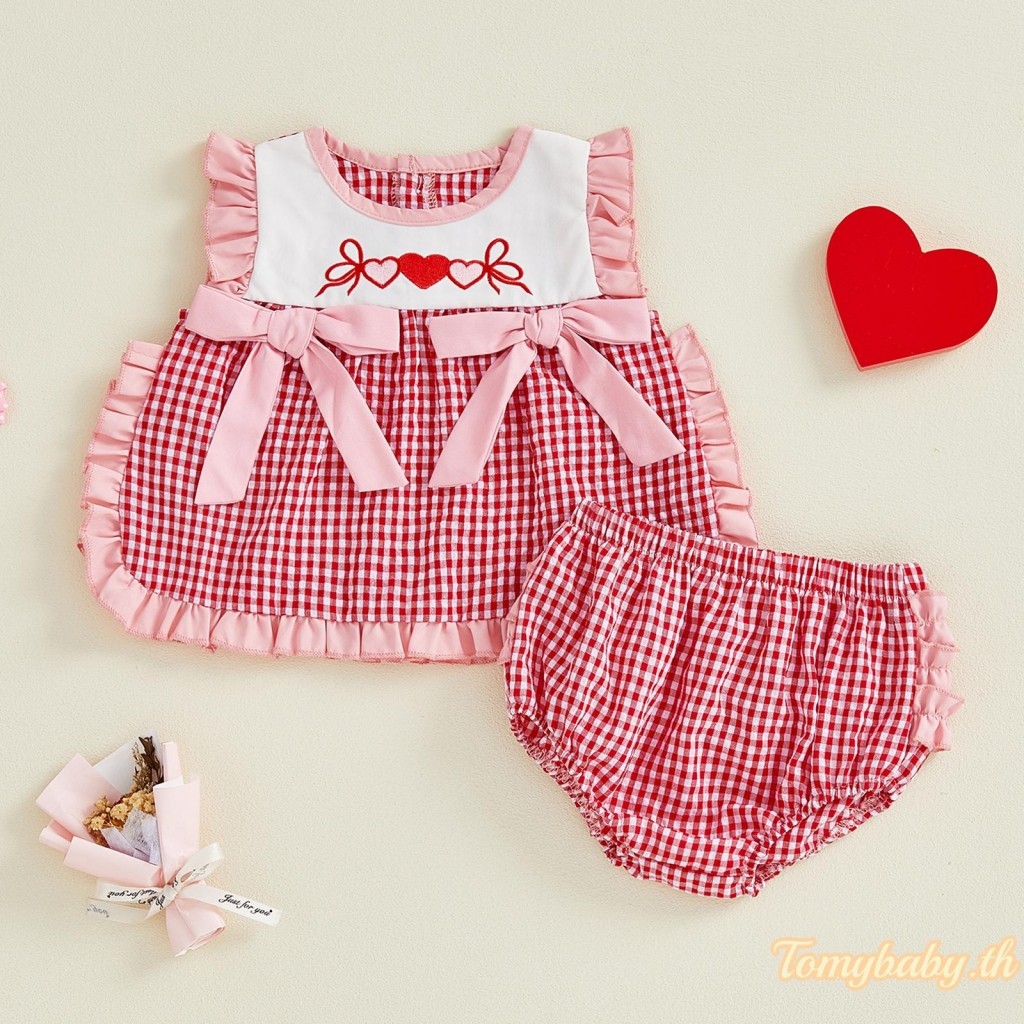 ชุดวันวาเลนไทน์สำหรับเด็กทารก สีชมพูลายสก๊อต พิมพ์หัวใจบนเสื้อกล้าม + กางเกงขาสั้นเอวยางยืด