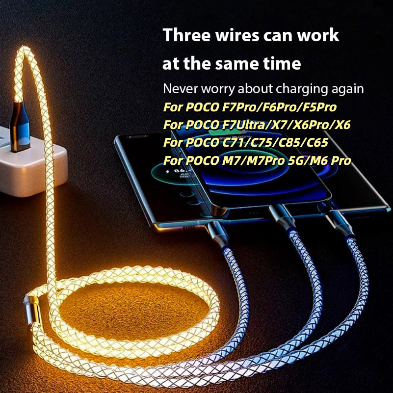 66W 6A 3 ใน 1 Fast Charging USB C สาย Micro USB RGB สีสัน Streamer เรืองแสงสําหรับ POCO F7Pro F6Pro 