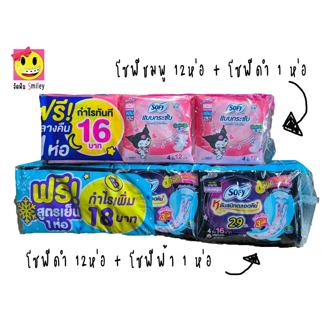ผ้าอนามัย โซฟี Sofy ยกแพค!!  กลางคืน12+1 กลางวัน12+1