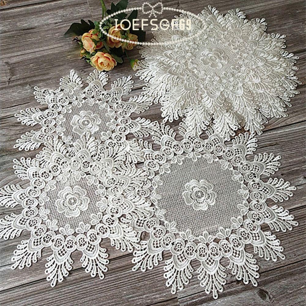 IOEFSGF69 ผ้าปูโต๊ะ, ลูกไม้เย็บปักถักร้อย Hollow Lace Placemat, เครื่องประดับ Prop สีขาวรอบชา Pad Ma