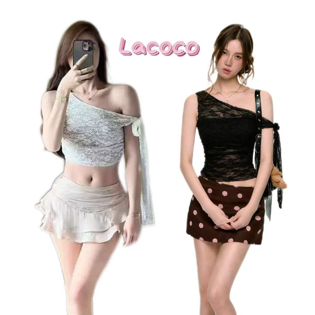 Lacoco🍓คลังสินค้าพร้อม🍓เสื้อแขนกุดผ้าลูกไม้แจ็กการ์ดไหล่เดียวสุดเซ็กซี่ สำหรับฤดูร้อน สีแอปริคอตและดำ