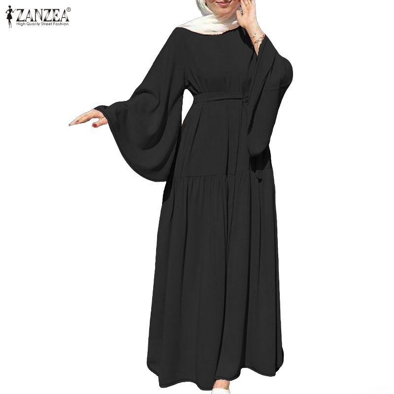 ZANZEA ผู้หญิงมุสลิม Elegant Modes ลูกเรือคอ Flare Sleeve หลวม Maxi Ruffles Hem Dresses
