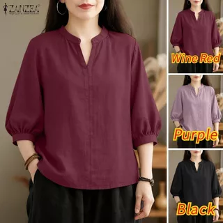 ZANZEA ผู้หญิงสไตล์เกาหลี เสื้อลายเรียบ คอสามส่วนแขนหลวม สไตล์แฟชั่นmodern