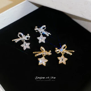 DREJEW ต่างหูผู้หญิง Bow & Star Rhinestone Drop ออกแบบแวววาว สวมได้ทุกวัน