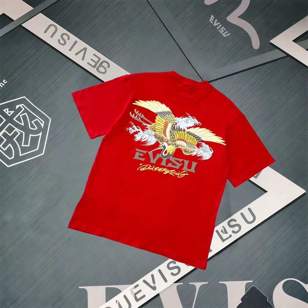 EVC สินค้าใหม่ Street Wear Crane Wave Letter พิมพ์ผู้ชายผู้หญิงสบายๆหลวมรอบคอแขนสั้นเสื้อยืด