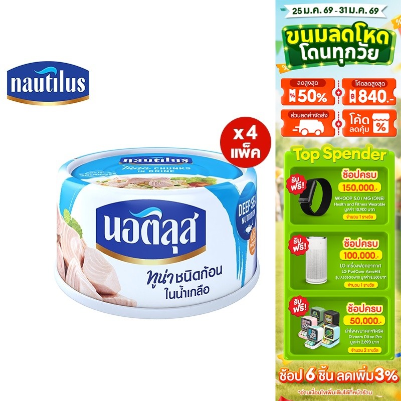 [แพ็ก 4] Nautilus Tuna Chunk In Brine นอติลุส ทูน่าชนิดก้อนในน้ำเกลือ 170ก.