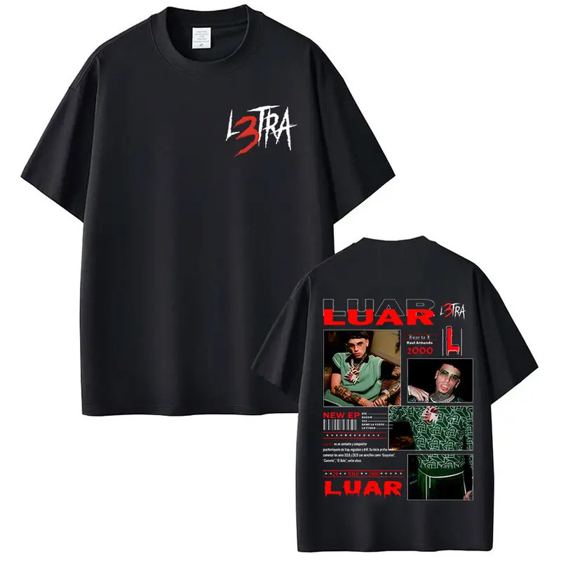 แร็ปเปอร์ Luar La L อัลบั้ม L3TRA เสื้อยืดสินค้าแฟชั่นฮิปฮอปแขนสั้นสำหรับผู้ชายและผู้หญิง เสื้อยืดผ้