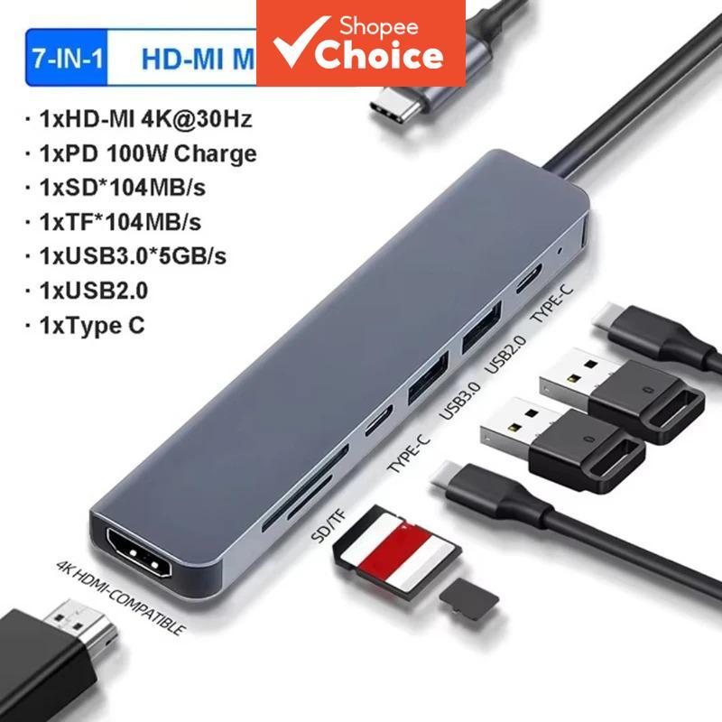อะแดปเตอร์ USB-C Hub 7-in-1 พร้อม 4K HDMI SD TF Card Reader USB 3.0 2.0 Type-C PD ชาร์จสําหรับแล็ปท็อป MacBook Pro