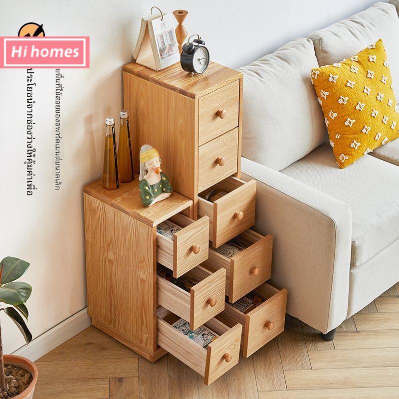 Hi homes-โต๊ะข้างเตียง ทำจากไม้เนื้อแข็ง มีล้อเลื่อน