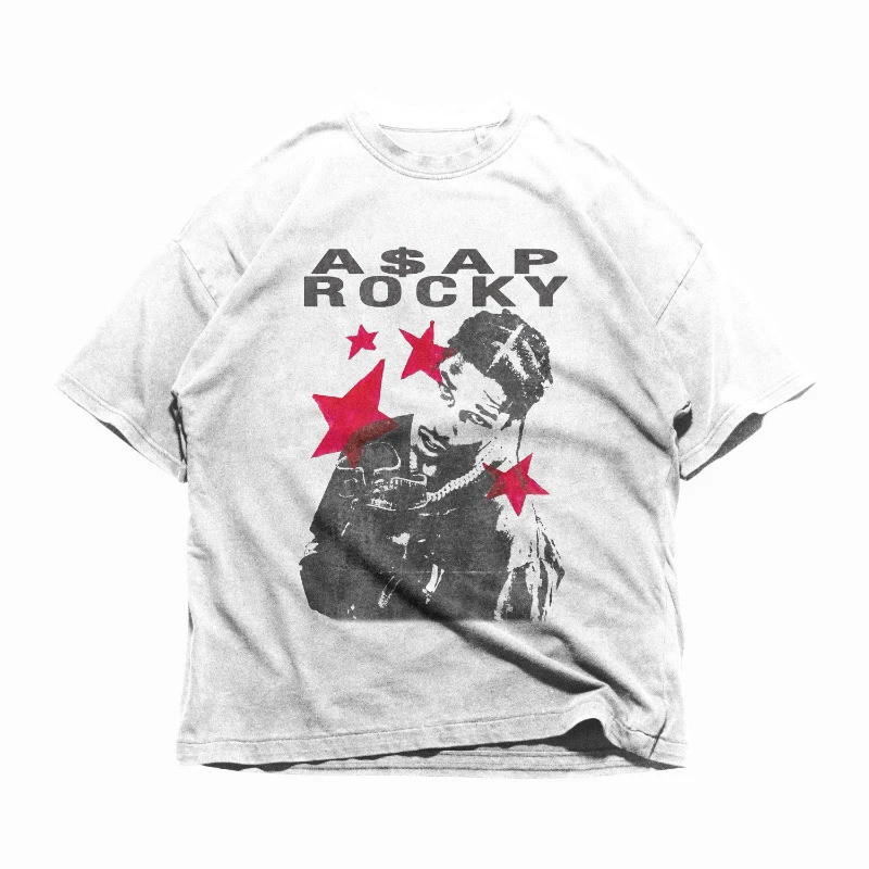 ASAP Rocky Street Trend เสื้อยืดผู้ชายแฟชั่น Street Hip-hop Rock แขนสั้นผู้หญิงผ้าฝ้ายรอบคอด้านบน