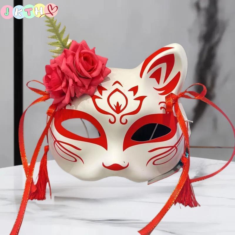 JKTH Anime Demon Fox Mask Hand-painted หน้ากากญี่ปุ่นครึ่งหน้าดอกไม้หน้ากาก Masquerade เทศกาล Ball K