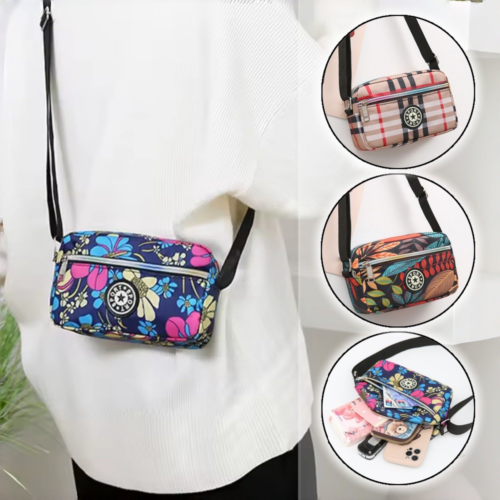 กระเป๋าสะพายข้างผู้หญิงลายดอกไม้สไตล์ใหม่ ทำจากไนลอน น้ำหนักเบา มีหลายช่อง เหมาะสำหรับใช้ในชีวิตประจำวัน