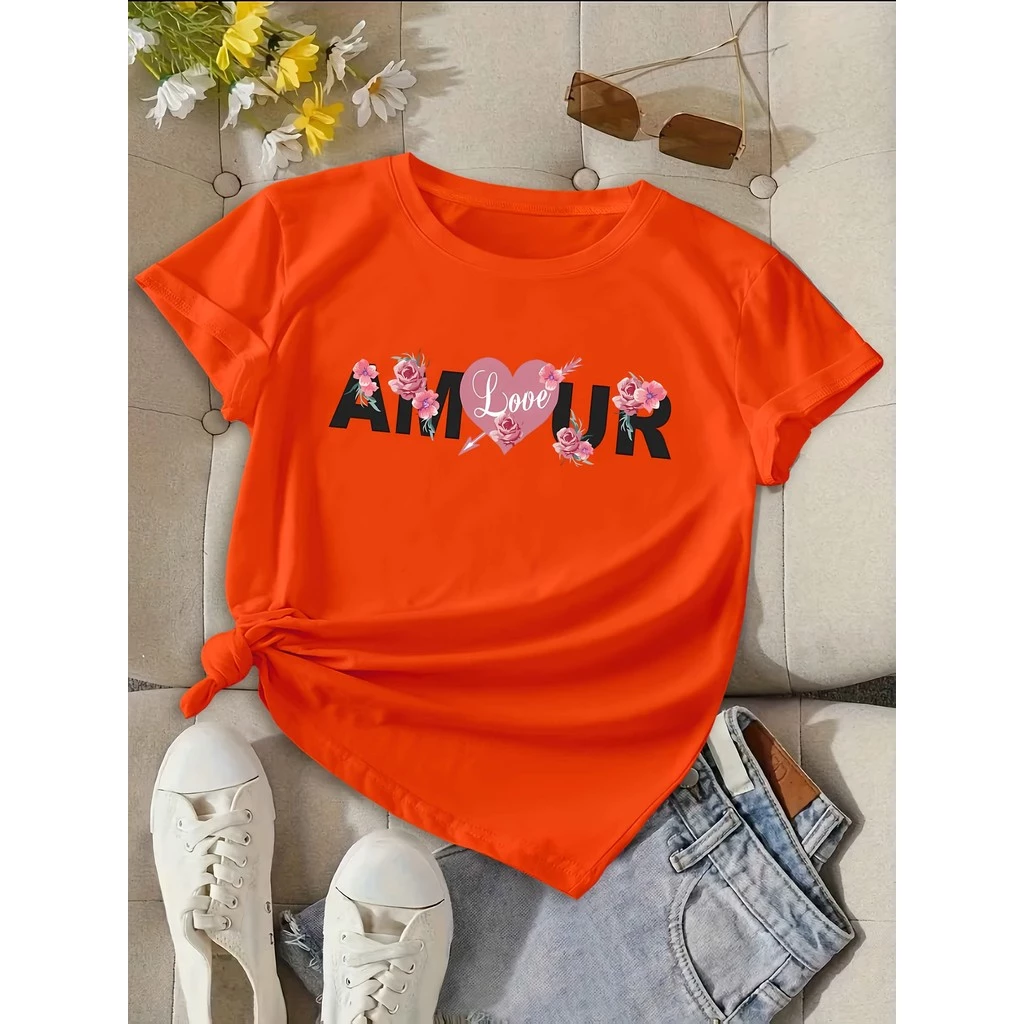 เสื้อยืดผู้หญิงคอวี AMOUR ลายหัวใจและดอกไม้สีชมพู thumbnail 3