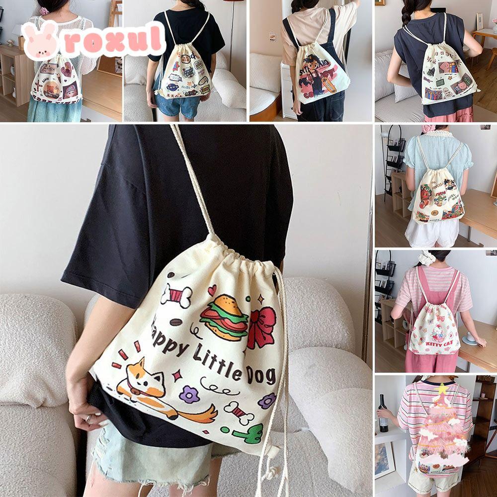 โรซูล กระเป๋าเป้สะพายหลังผู้หญิงกระเป๋าหูรูดผ้าใบที่ทนต่อการสึกหรอลายการ์ตูนน่ารักความจุขนาดใหญ่นักเรียนกระเป๋าเป้สะพายหลังกลางแจ