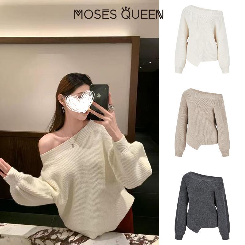 MOSESQUEEN เสื้อถักอสมétrique ปิดไหล่นุ่มสไตล์ฝรั่งเศส เสื้อกันหนาวสตรี #59992