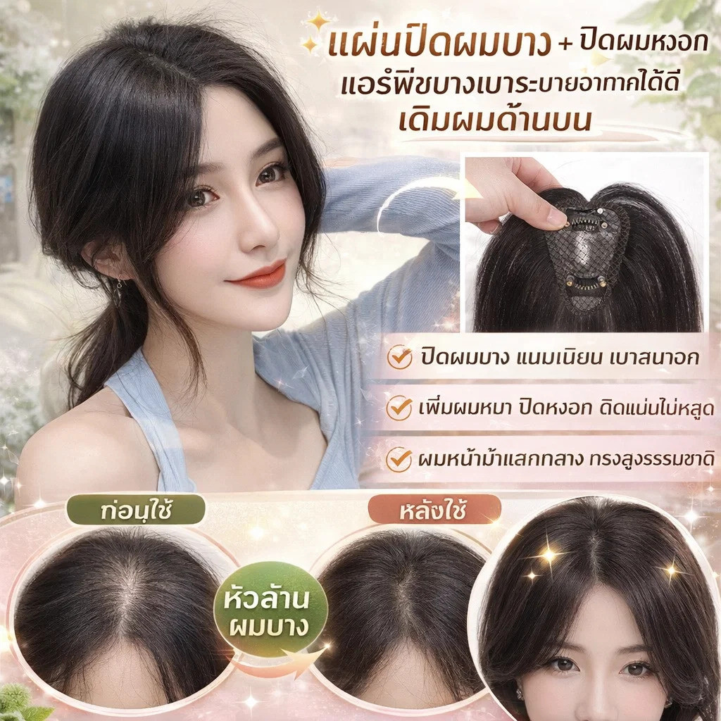 ✨แผ่นปิดผมบาง + ปิดผมหงอก/แฮร์พีช/ทรงสูงธรรมชาติ/หน้าม้าปลอม/หน้าม้าแสกกลาง/แฮร์พีชบางเบาระบายอากาศได้ดีเติมผมด้านบน