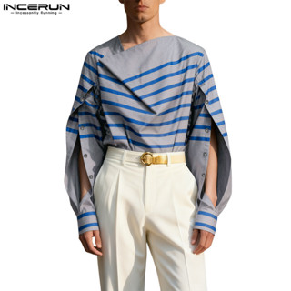 INCERUN เสื้อแขนยาวลายทางสไตล์วินเทจสำหรับผู้ชาย