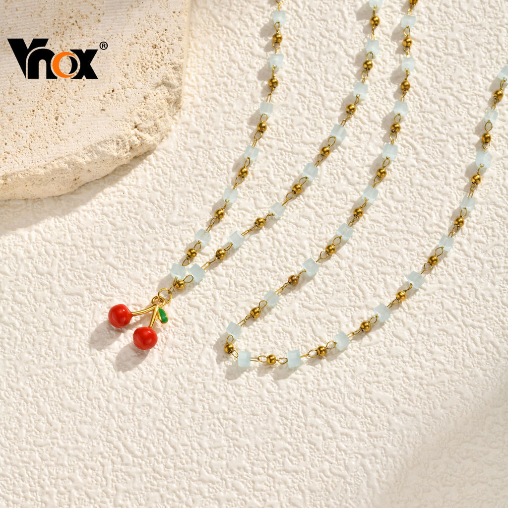 VNOX วีน็อกซ์ สร้อยคอมือสองชั้นสแตนเลส ตกแต่งด้วยหินลูกปัดสีฟ้าและเชอร์รี่ สำหรับผู้หญิง