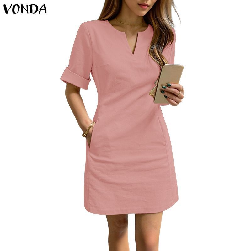 VONDA ชุดเดรสคอวีแขนสั้นลําลองเกาหลีสําหรับผู้หญิง
