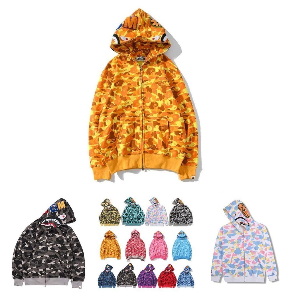BAPE Hoodie ผู้ชายผู้หญิง Camo Shark พิมพ์ซิปแจ็คเก็ต - Streetwear แฟชั่นอินเทรนด์ Unisex Hooded Sweatshirt"