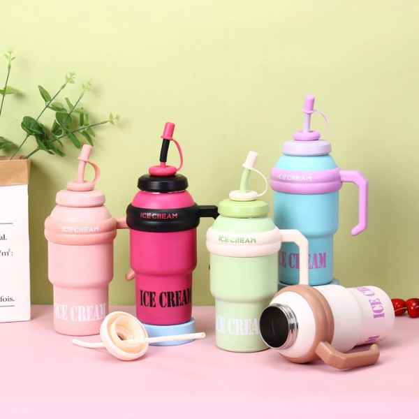 🆔888🧊 แก้วเก็บความเย็น สแตนเลสแท้ แก้วice cream ขนาด 1000MLพร้อมที่จับ และฝาปิด
