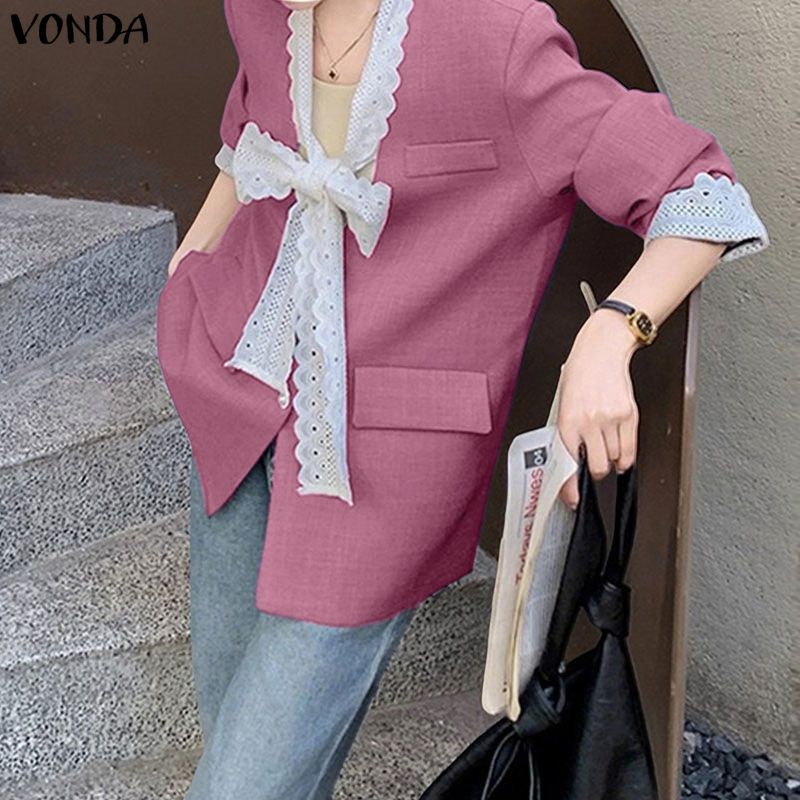 VONDA بليزر نسائي كوري بياقة V ودانتيل — صورة 4