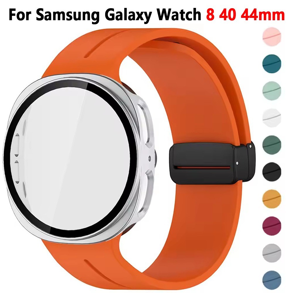 SAMSUNG เคส พีซี + สายซิลิโคนสําหรับ ซัมซุง กาแลคซี นาฬิกา 8 40 มม. 44 มม. หัวเข็มขัดแม่เหล็กสายรัดเปลือกป้องกัน