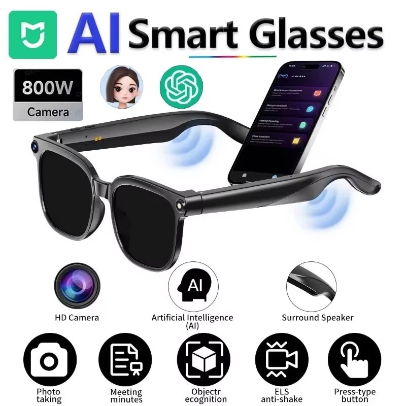 ใหม่ AISmart แว่นตา 800W HD Cam การตอบสนองพร้อมกันบลูทูธโทร AI แว่นตาอัจฉริยะฟังเพลงนําทางเล่นเกม