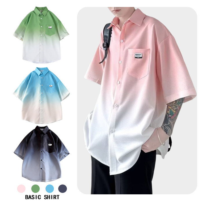 เสื้อเชิ้ตแขนสั้นไล่โทนสีหลวมแฟชั่นเกาหลีเหมาะกับผู้ชายและผู้หญิง