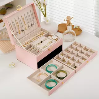 WREN Jewelry Organizer ที่เก็บต่างหูและสร้อยคอสามชั้น​ กล่องเก็บเครื่องประดับความจุขนาดใหญ่พร้อมกุญแจ​ กล่องใส่เครื่องประดับสําหรับเดินทางแบบถือหนัง ปู่​ ตารางโต๊ะเครื่องแป้งองค์กร​