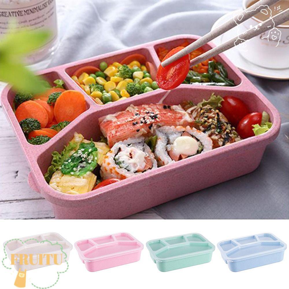 FRUITU Jakes กล่องอาหารกลางวันสไตล์, พลาสติก 4 ตารางช่อง Bento, เตาอบไมโครเวฟ Multicolor Leakproof ก