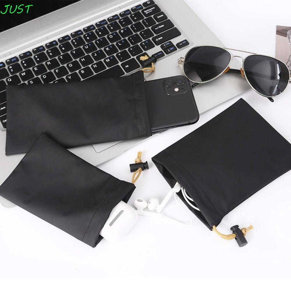 JUST Phone Storage bag, PU Leather with Draw String Case, Cute Waterproof Dust Black Headphone Case 