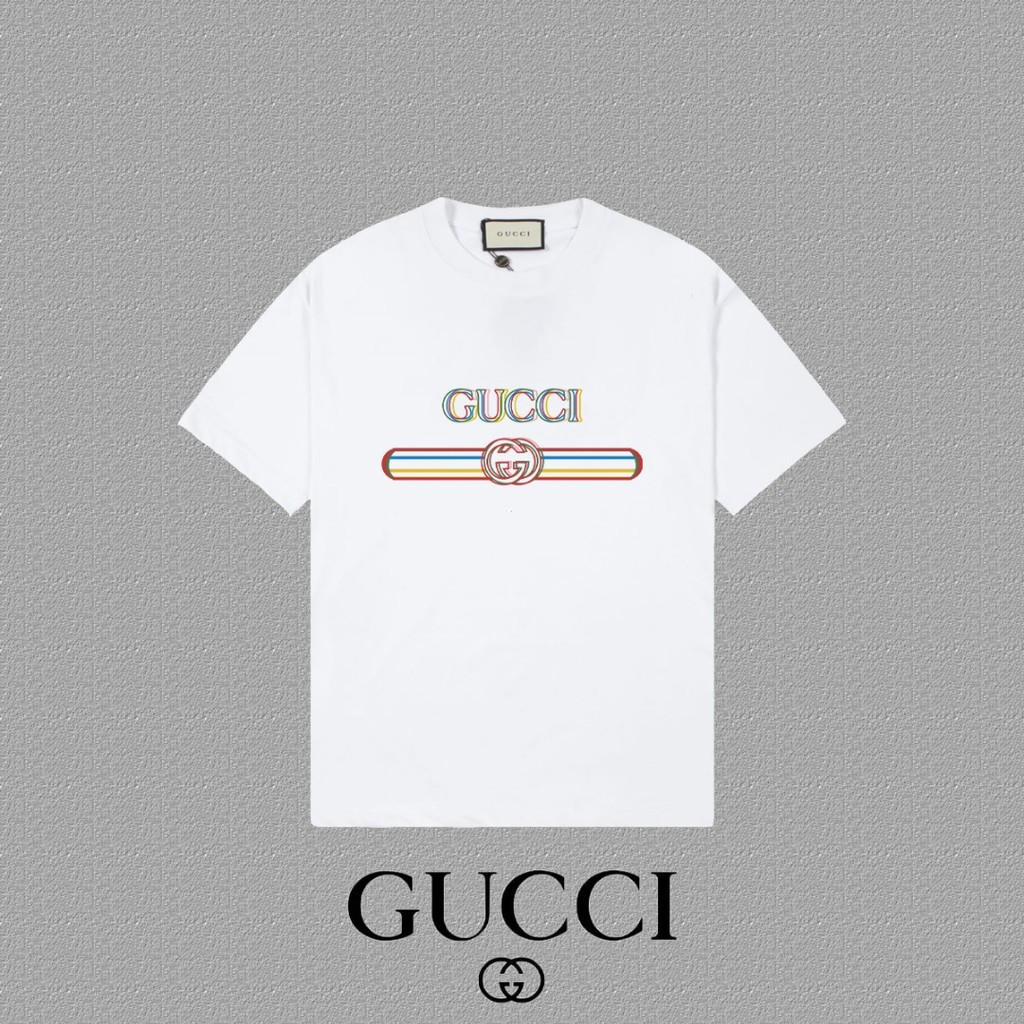 Gucci/GUCCI2026 คลาสสิกรอบคอแขนสั้นเสื้อยืดผู้ชายผู้หญิงกลางแจ้งผ้าฝ้าย 100% ที่กําหนดเองหนา Impervi