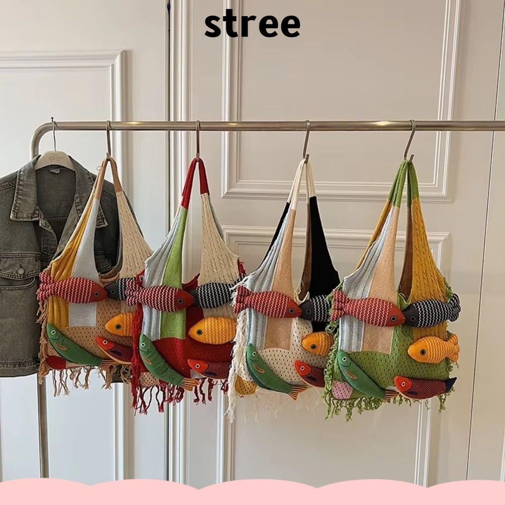 STREE กระเป๋า tote ลายปลาน้อยน่ารัก ทำมือ ความจุมาก เหมาะสำหรับการใช้งานในวันหยุดและฤดูร้อน กระเป๋าสะพายข้าง