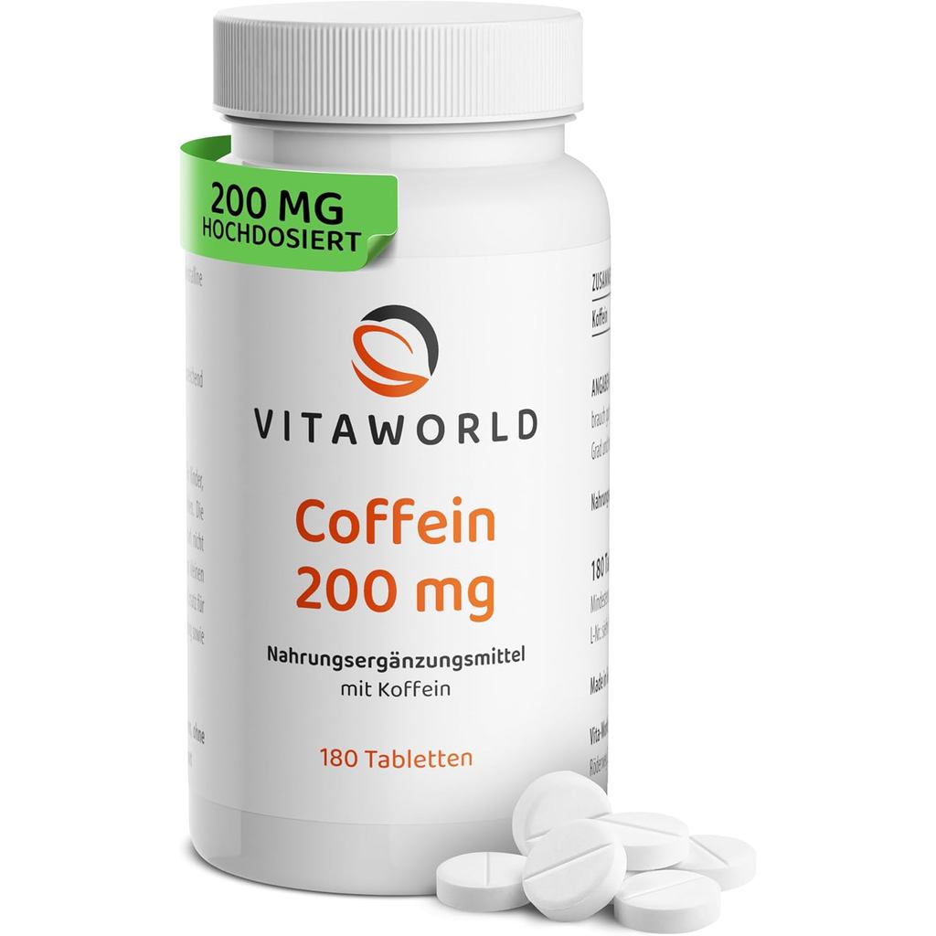 Vitaworld Caffeine Tablets - โดสสูง 200 มก. ต่อวันเป็น Wake-up (เม็ดมังสวิรัติ 180 เม็ด) - เหมาะสําห