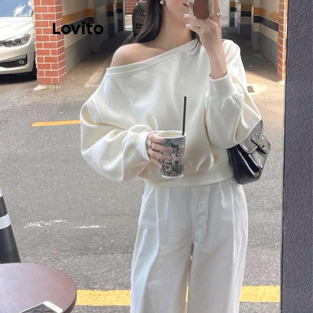 Lovito เสื้อสเวตเตอร์ลําลอง เสื้อสเวตเตอร์ทรงตรงธรรมดาสําหรับผู้หญิง LNE67391