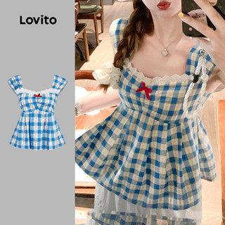 Lovito เสื้อยืดผ้าฝ้ายเปิดไหล่ ลายโบว์น่ารัก สปริง/ซัมเมอร์ …