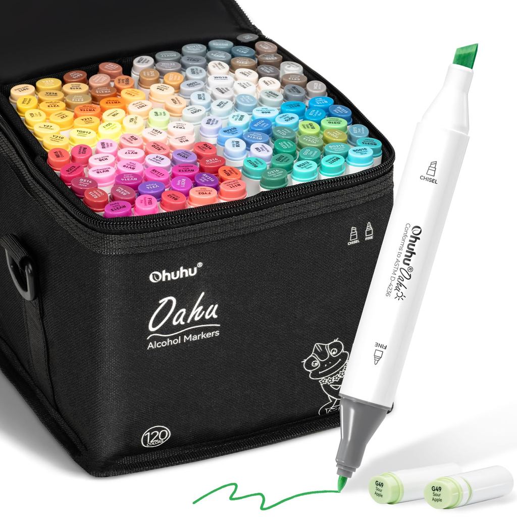 Ohuhu Marker Pens, 120 Colors, for Comics, Oil-Based Alcohol Markers, Dual-Tip (Fine and Broad), wit