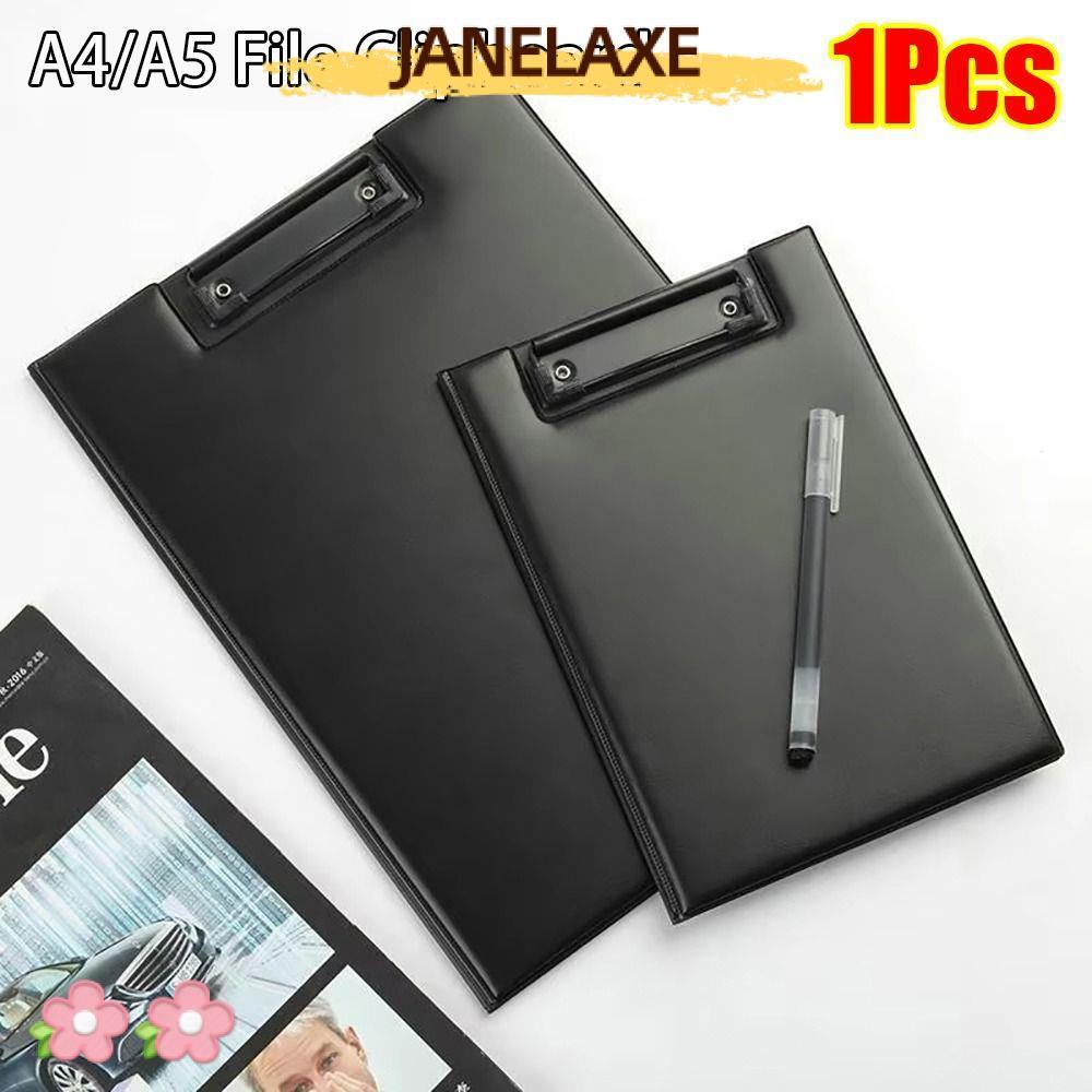 JANELAXE932JN แฟ้มประชุม 1 ชิ้น, หนัง PU สีดํา A4 A5 คลิปบอร์ด, พับเรียบเป็นพิเศษพร้อมคลิปหัวเข็มขัด