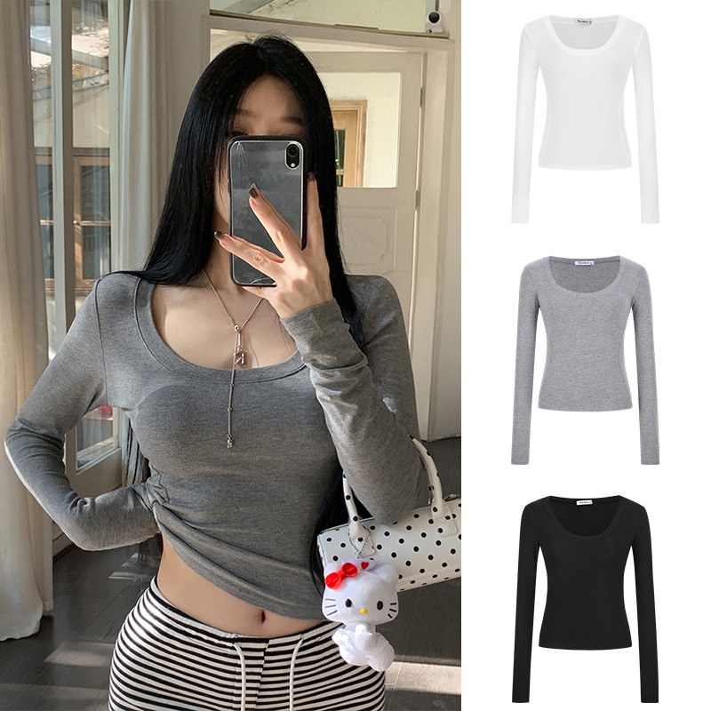 <Moses Queen> เสื้อยืดแขนยาวคอเหลี่ยมเนื้อบางเบา ดีไซน์เรียบหรู เหมาะสำหรับฤดูใบไม้ผลิ ทรงเข้ารูป สวมใส่สบาย