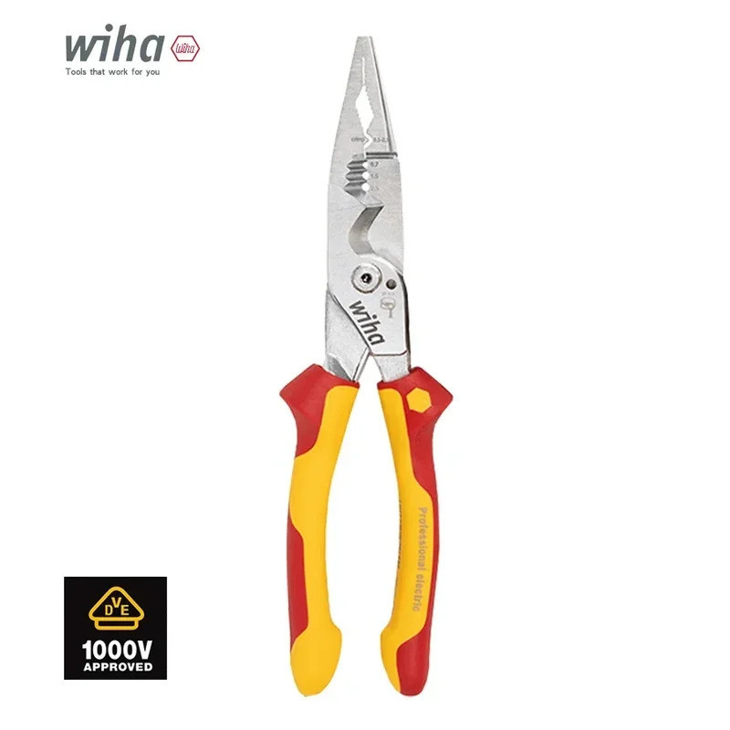 Wiha 8 in 1 คีมฉนวน 1000V VDE Snip คีมจมูกคีมปอกสายไฟมัลติฟังก์ชั่นเครื่องมือช่างไฟฟ้า 45489