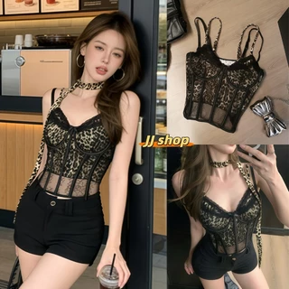 JJ Shop​💜พร้อมส่ง เสื้อสายเดี่ยวผู้หญิงแฟชั่นลายเสือดาวเซ็กซี่ แขนกุด ลูกไม้ ผ้าเบาบาง-FY3013
