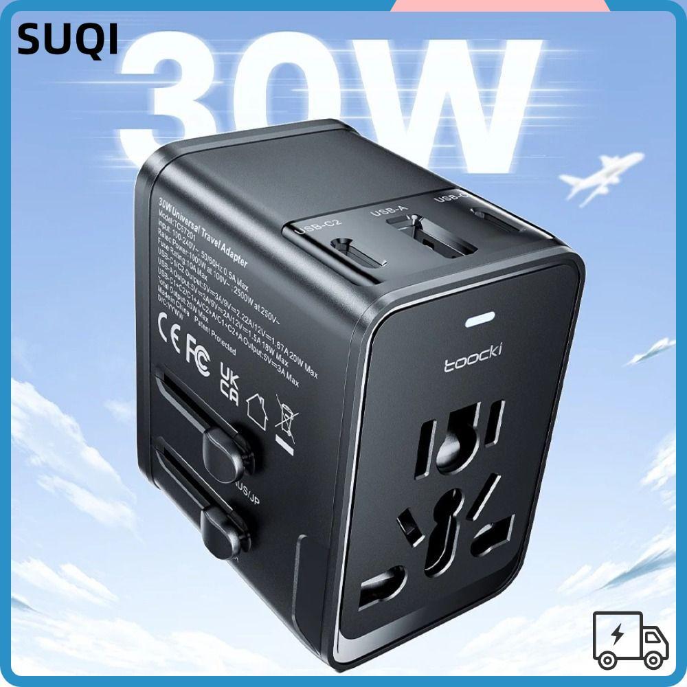 SUQI AC Socket Converter, 30W Universal Travel Charger Adapter, แบบพกพา GaN ปลอดภัย 2USB-C & USB-A F