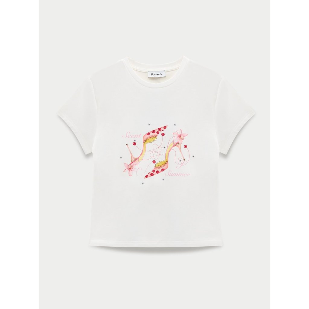 [Pomelo] เสื้อยืดคอกลมแขนสั้นพิมพ์ลายรองเท้าส้นสูง / Crew Neck Short Sleeve Tee High Heels Print