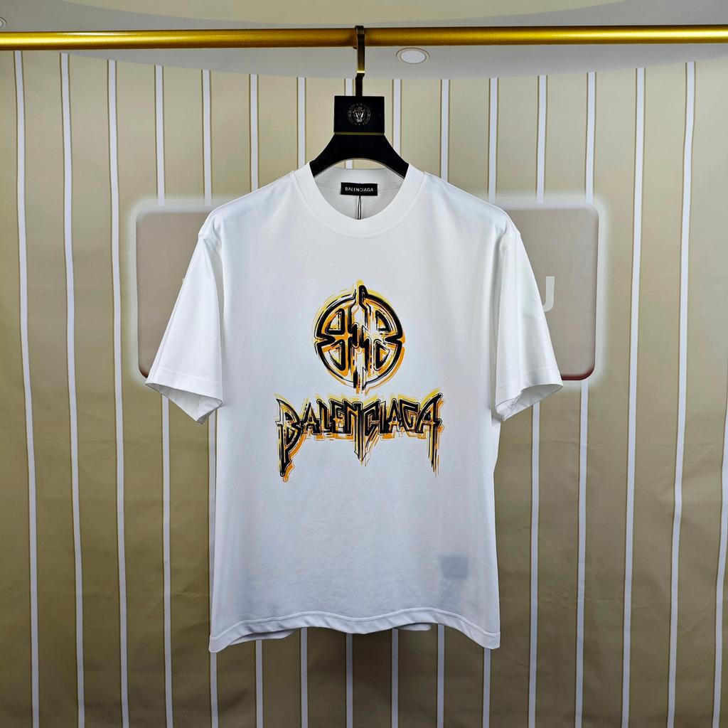 BAL * ENCIAGA Star เสื้อยืดคอกลมแขนสั้นสไตล์คู่ผู้ชายฤดูใบไม้ผลิแฟชั่นที่มีสีสันผ้าฝ้ายแท้รอบคอใหม่อ